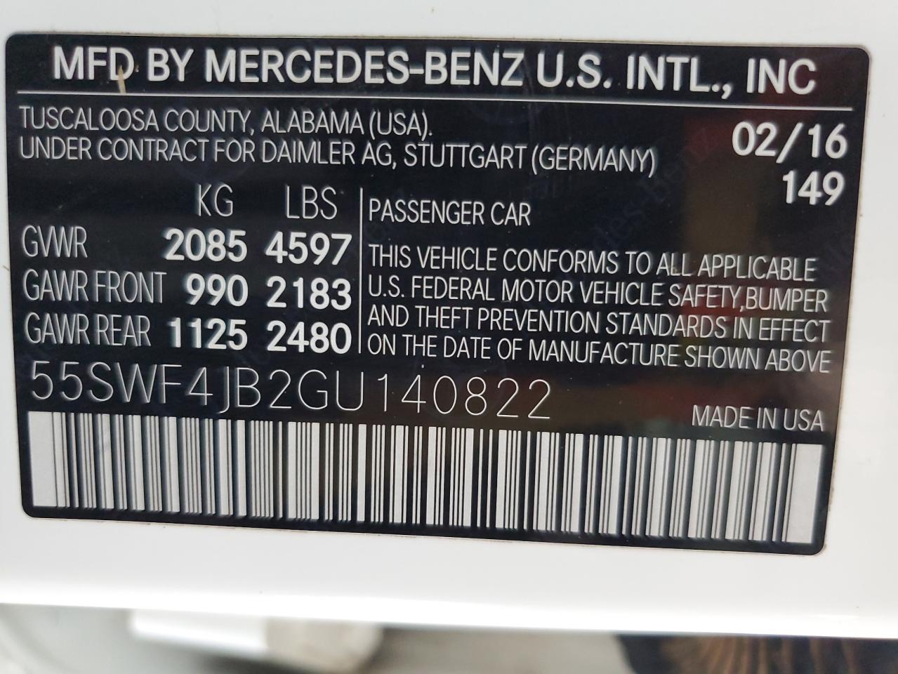 2016 Mercedes-Benz C 300 VIN: 55SWF4JB2GU140822 Lot: 62839694