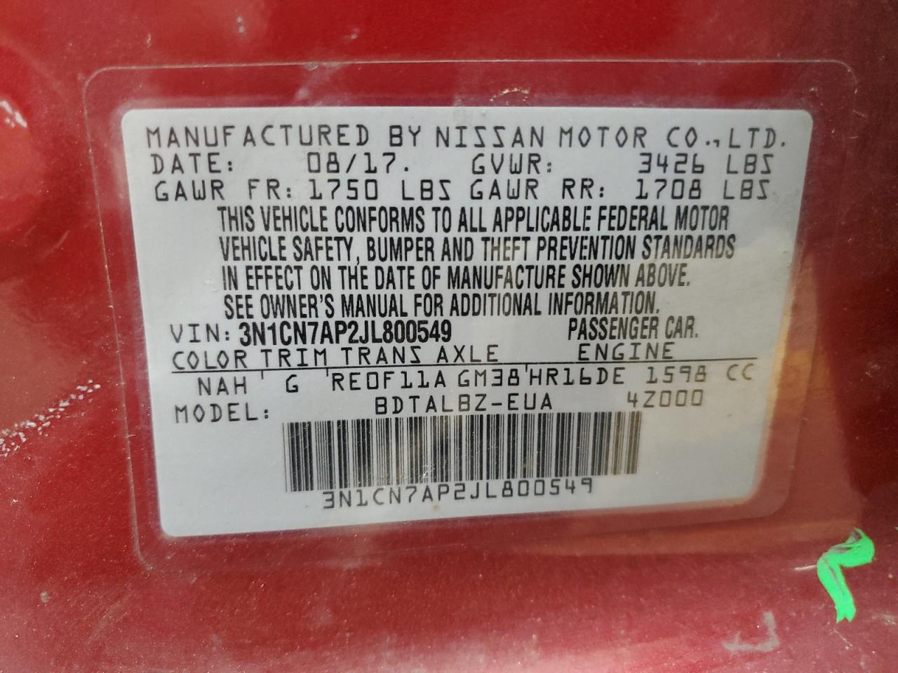 3N1CN7AP2JL800549 2018 Nissan Versa S