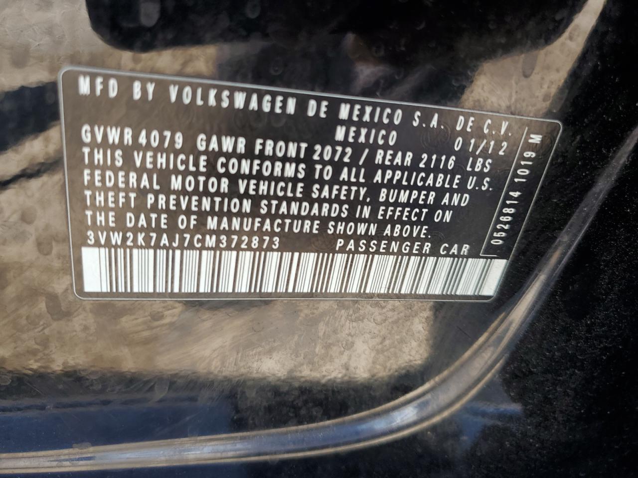 2012 Volkswagen Jetta Base VIN: 3VW2K7AJ7CM372873 Lot: 66877564