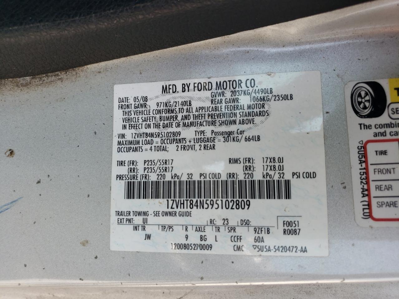 2009 Ford Mustang VIN: 1ZVHT84N595102809 Lot: 65137984