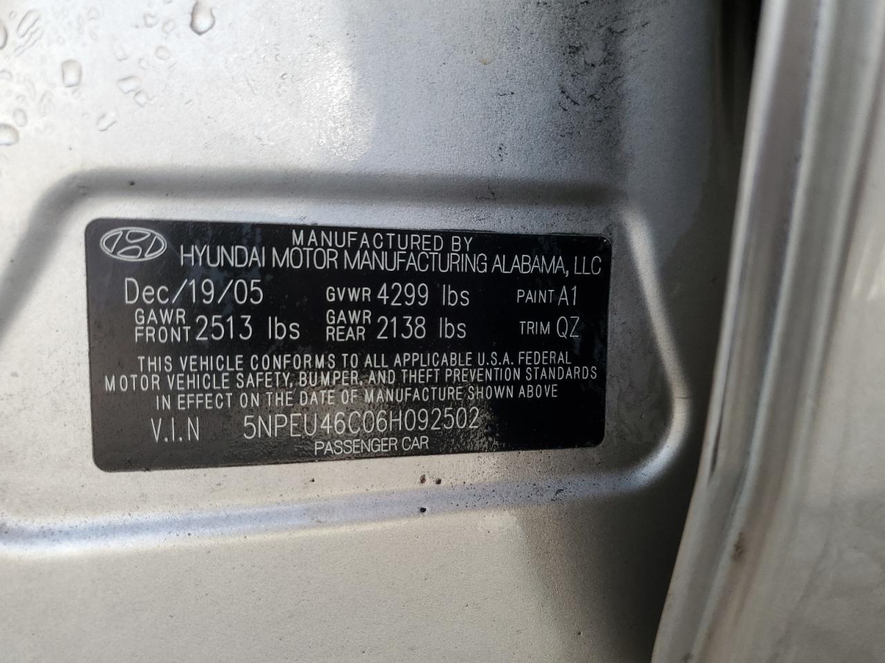 5NPEU46C06H092502 2006 Hyundai Sonata Gls