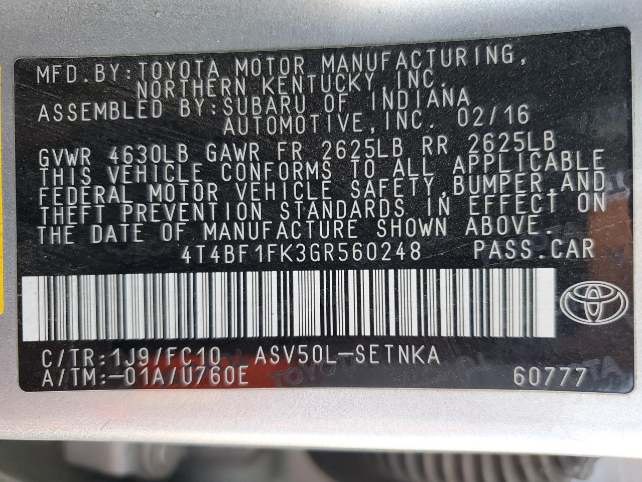 2016 Toyota Camry Le VIN: 4T4BF1FK3GR560248 Lot: 67359254