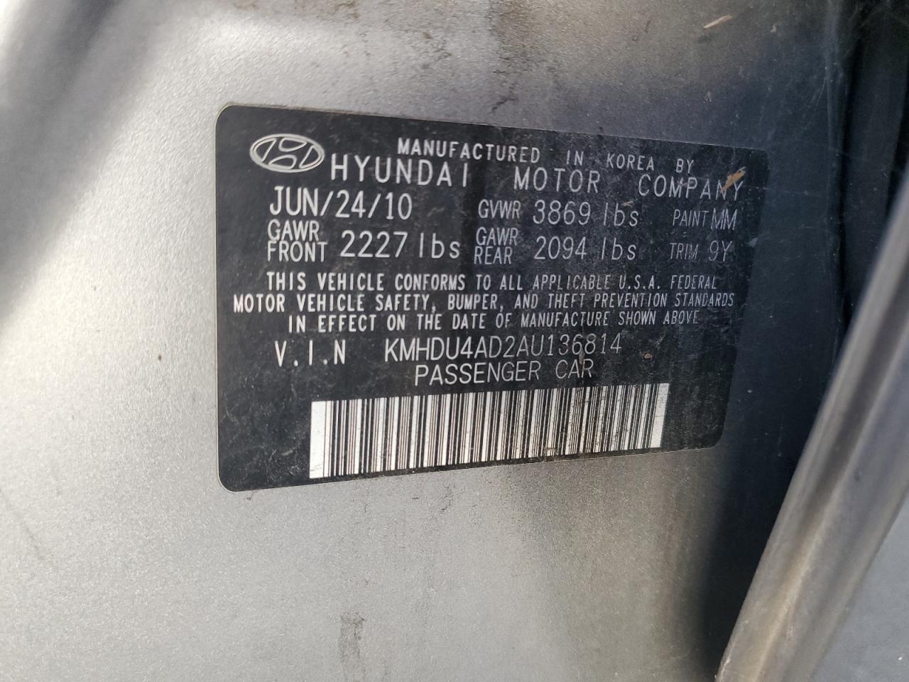 2010 Hyundai Elantra Blue VIN: KMHDU4AD2AU136814 Lot: 67977974