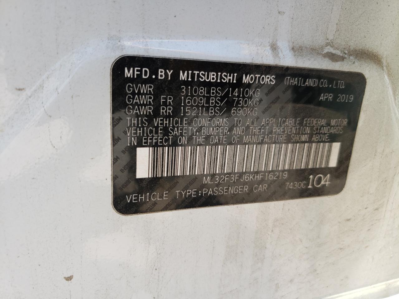 2019 Mitsubishi Mirage G4 Es VIN: ML32F3FJ6KHF16219 Lot: 67024354