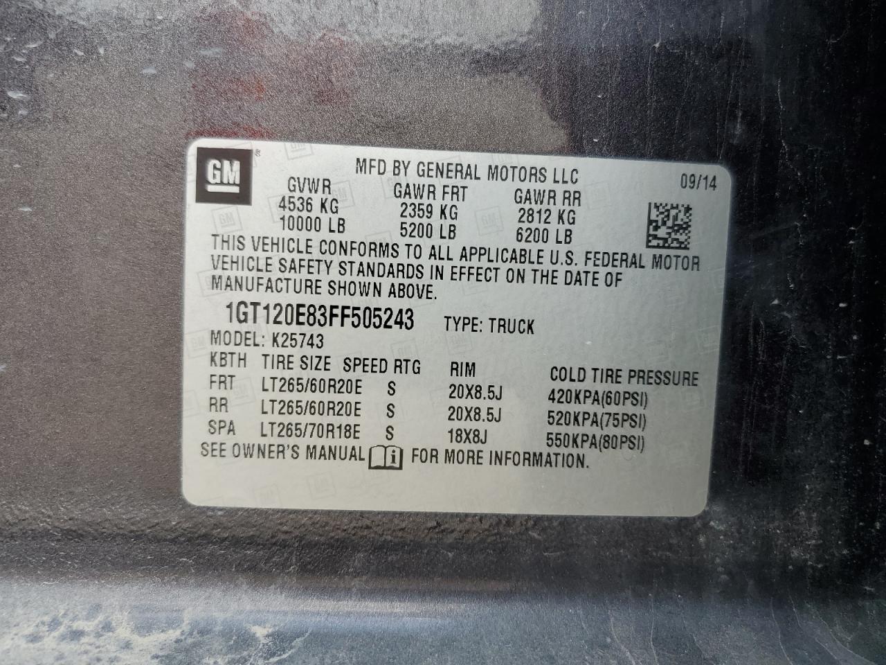 2015 GMC Sierra K2500 Denali VIN: 1GT120E83FF505243 Lot: 66877004