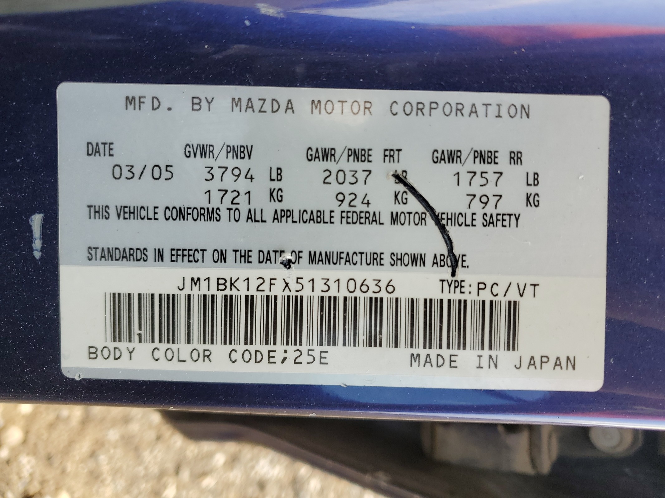 JM1BK12FX51310636 2005 Mazda 3 I