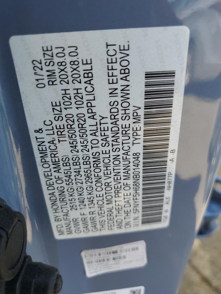 2022 Honda Pilot Touring VIN: 5FNYF5H68NB014048 Lot: 67352114