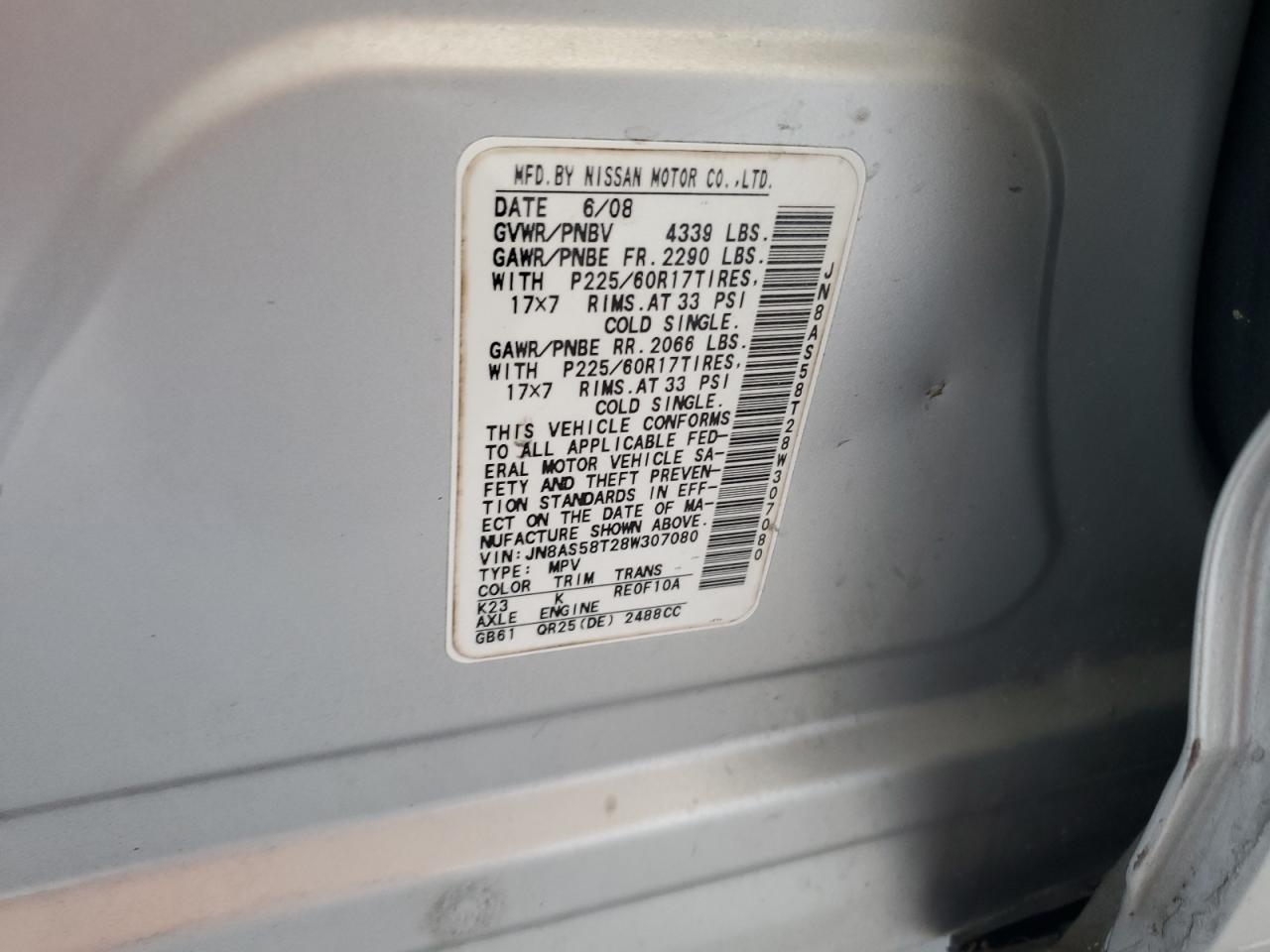 2008 Nissan Rogue S VIN: JN8AS58T28W307080 Lot: 67116334