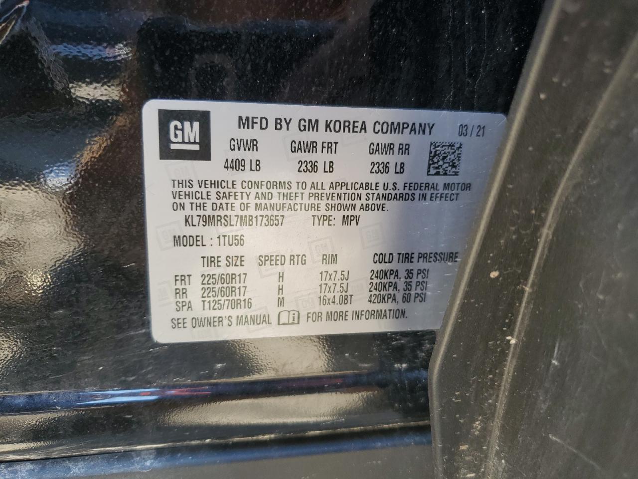 2021 Chevrolet Trailblazer Lt VIN: KL79MRSL7MB173657 Lot: 66332504