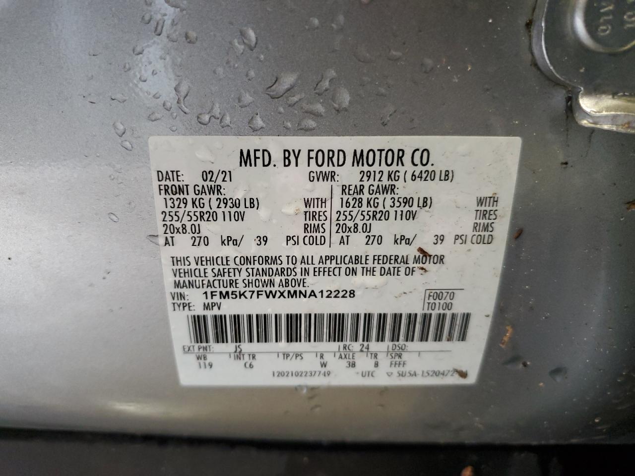 1FM5K7FWXMNA12228 2021 Ford Explorer Limited