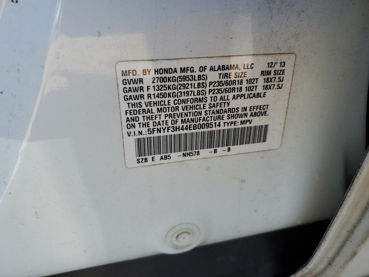 2014 Honda Pilot Ex VIN: 5FNYF3H44EB009514 Lot: 68321724