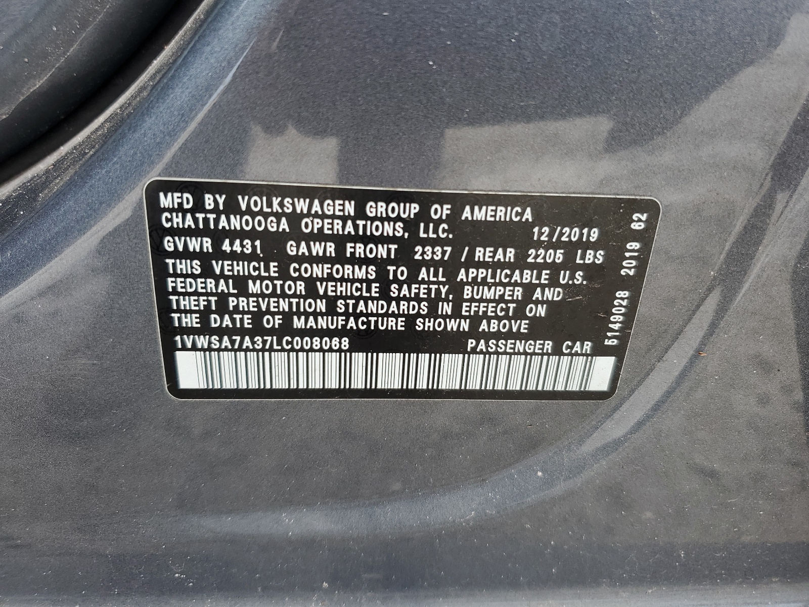 1VWSA7A37LC008068 2020 Volkswagen Passat Se