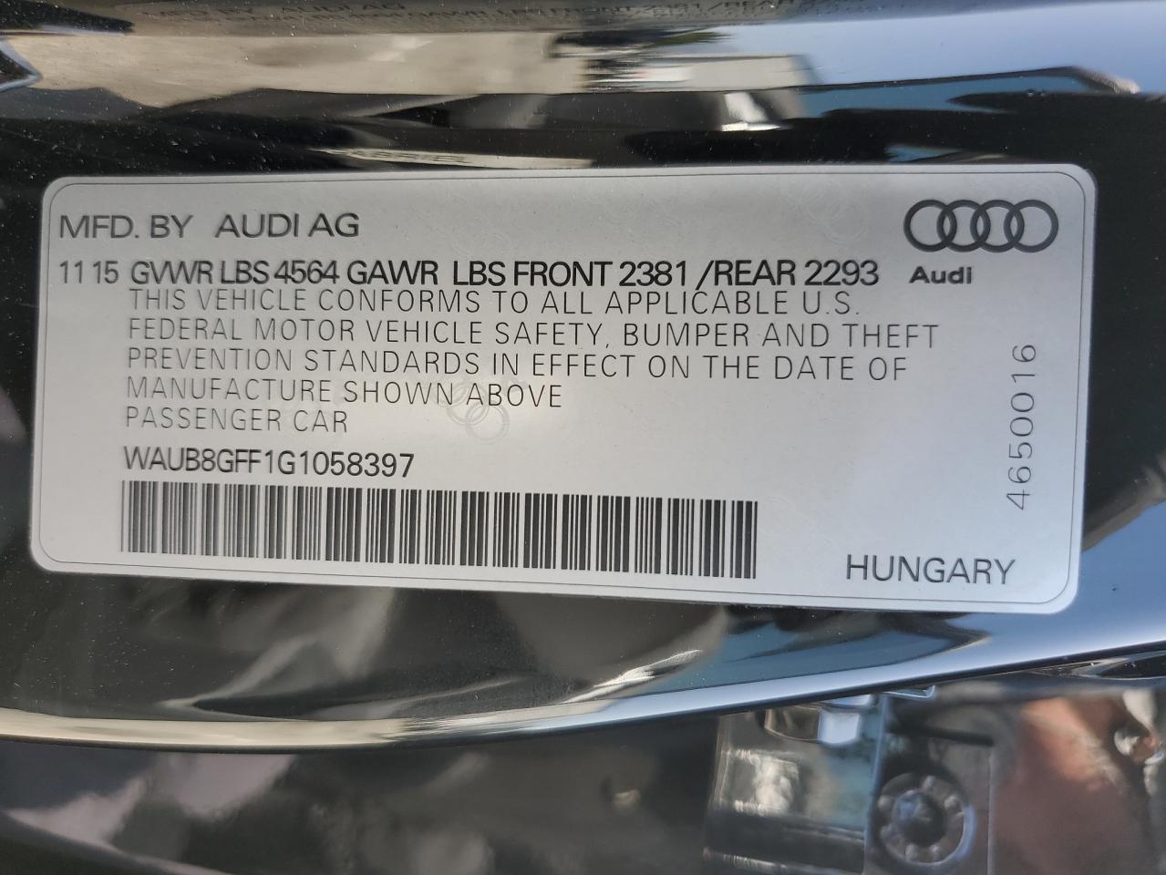 2016 Audi A3 Premium VIN: WAUB8GFF1G1058397 Lot: 68924294