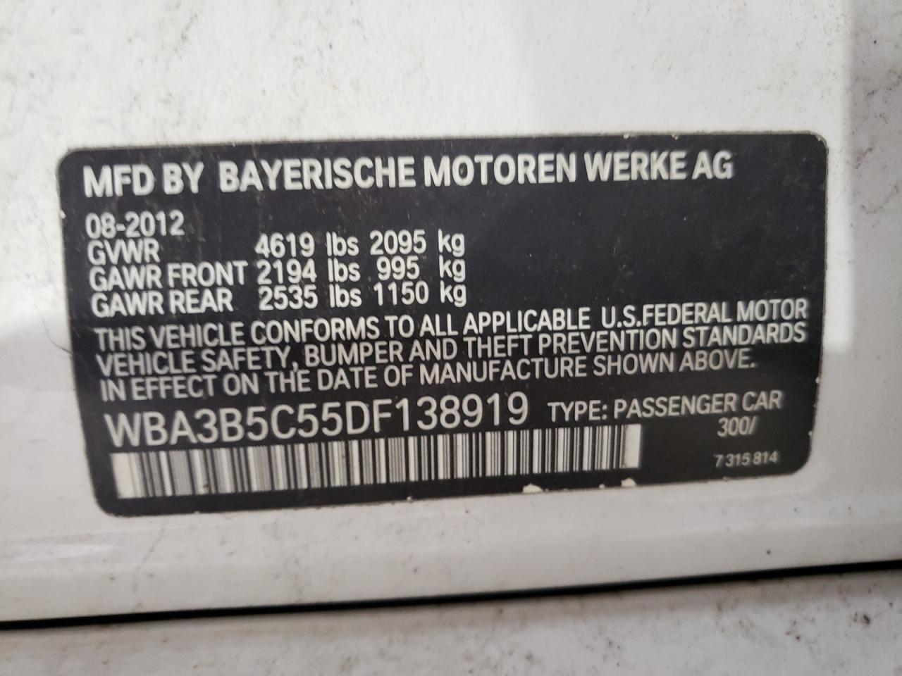 2013 BMW 328 Xi Sulev VIN: WBA3B5C55DF138919 Lot: 66399624
