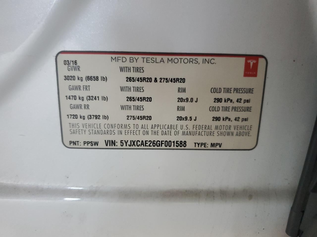 5YJXCAE26GF001588 2016 Tesla Model X