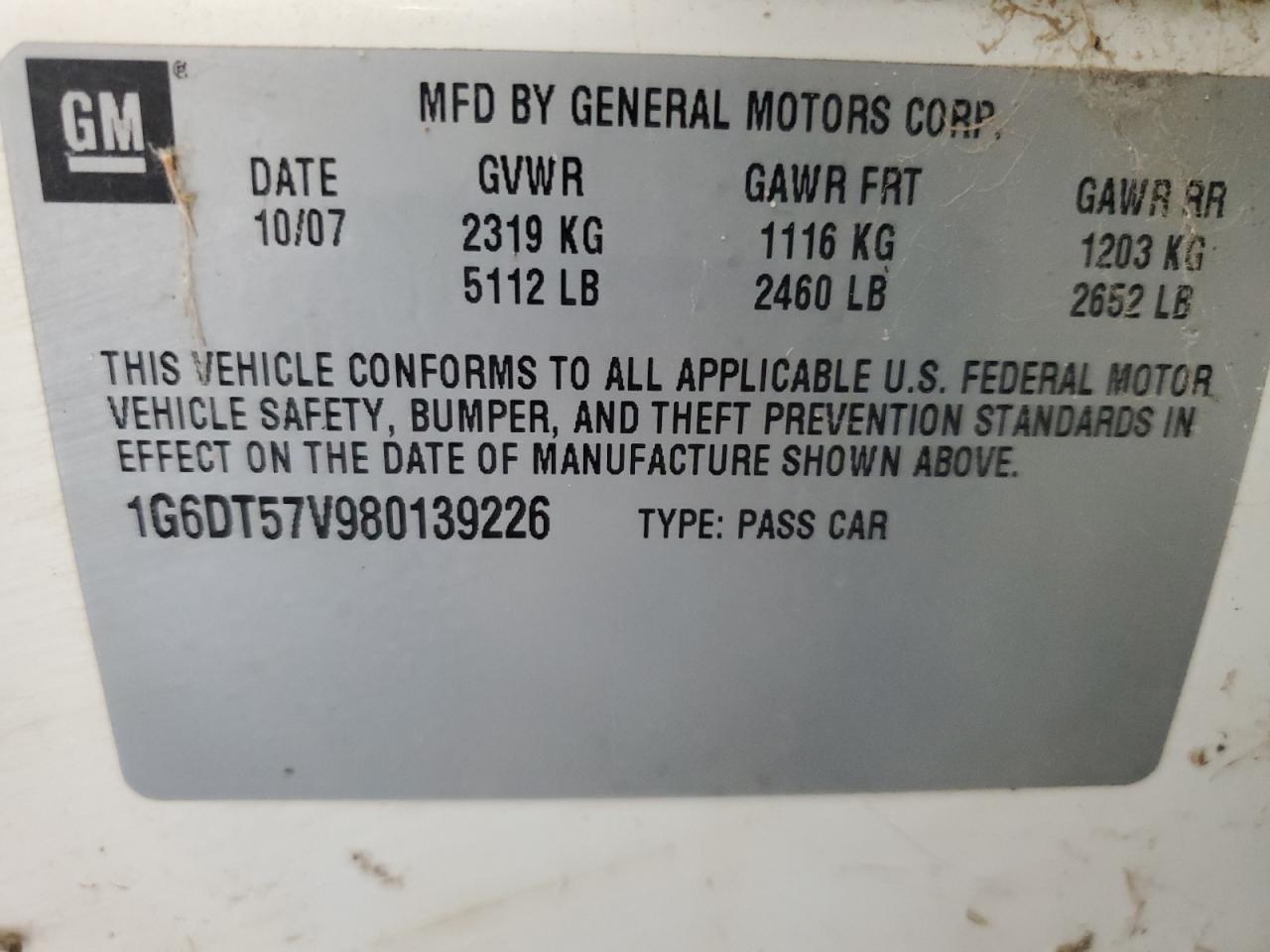 2008 Cadillac Cts Hi Feature V6 VIN: 1G6DT57V980139226 Lot: 67551004