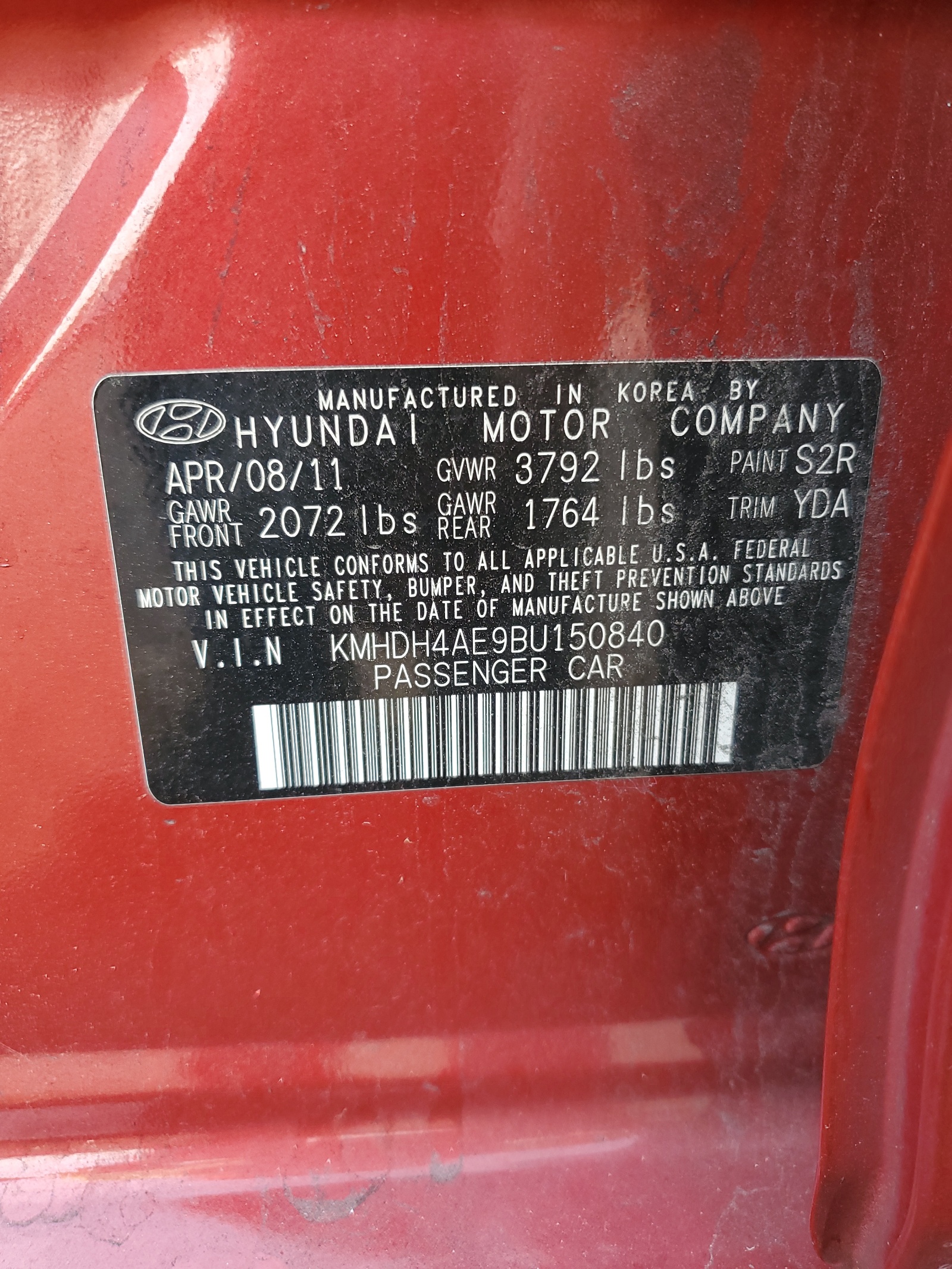 KMHDH4AE9BU150840 2011 Hyundai Elantra Gls