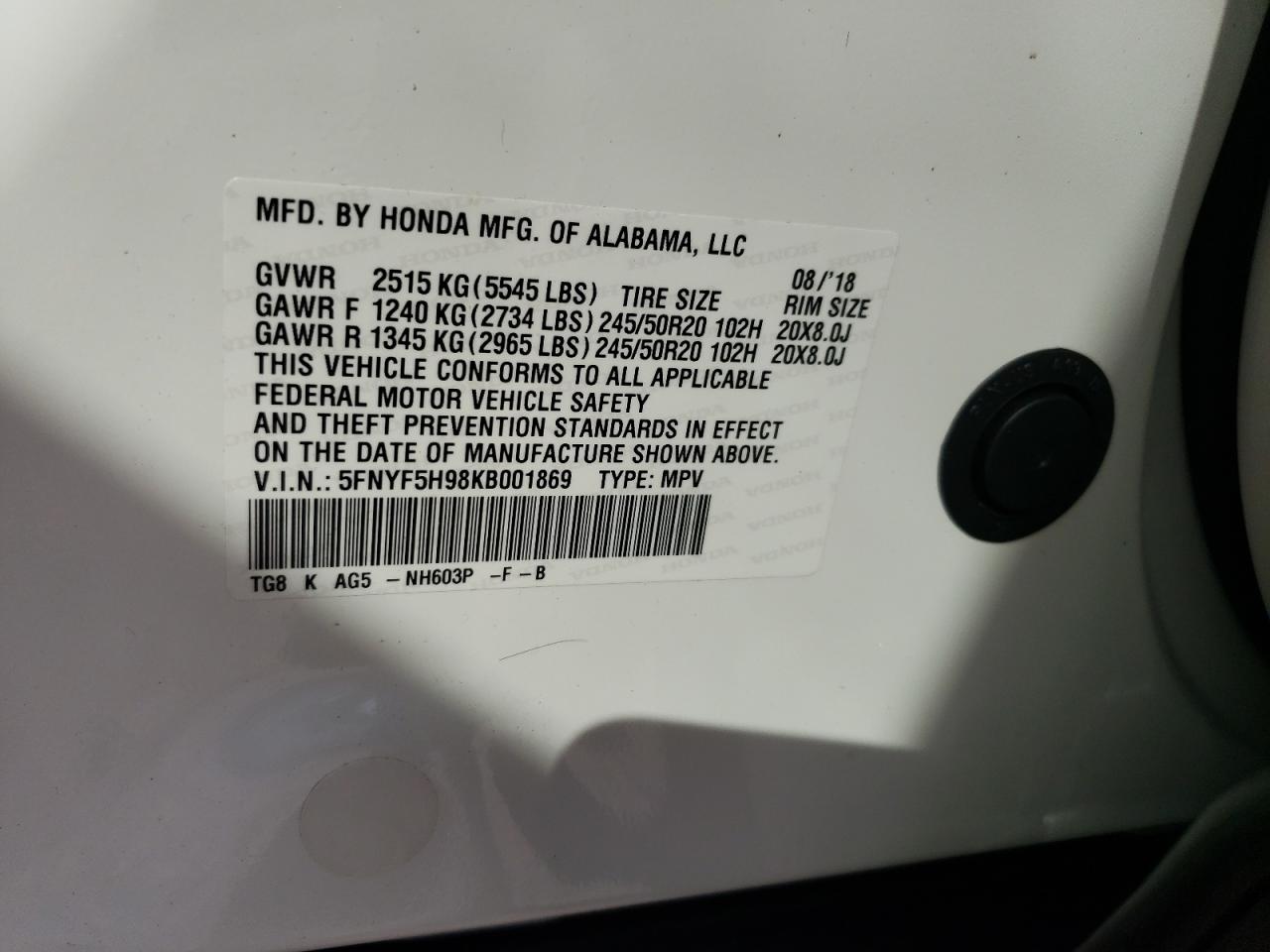 2019 Honda Pilot Touring VIN: 5FNYF5H98KB001869 Lot: 67026724