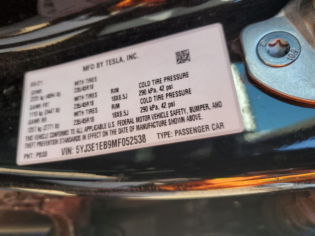 5YJ3E1EB9MF052538 2021 Tesla Model 3