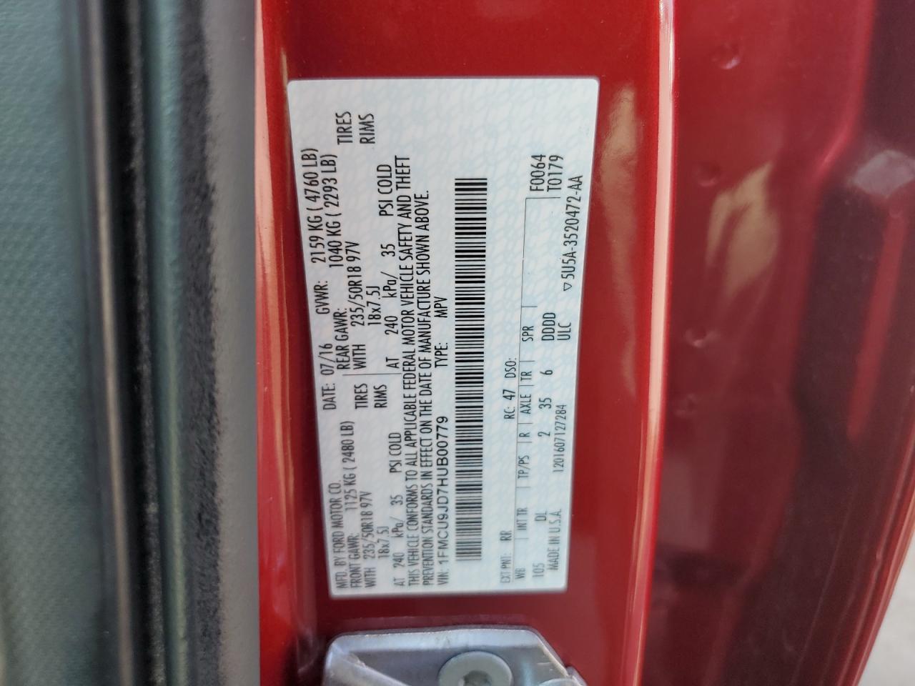 2017 Ford Escape Titanium VIN: 1FMCU9JD7HUB00779 Lot: 67697204