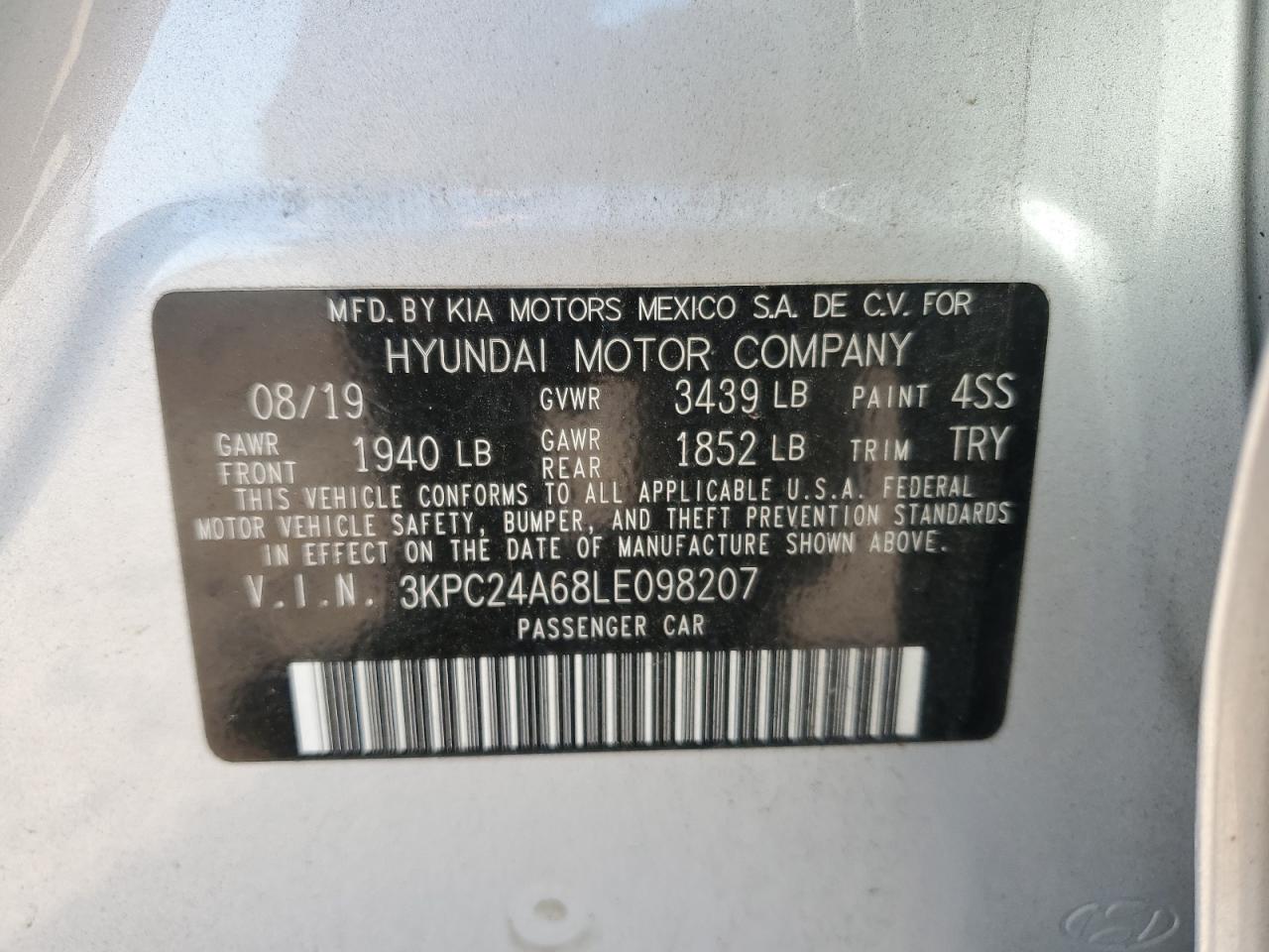 2020 Hyundai Accent Se VIN: 3KPC24A68LE098207 Lot: 67098404