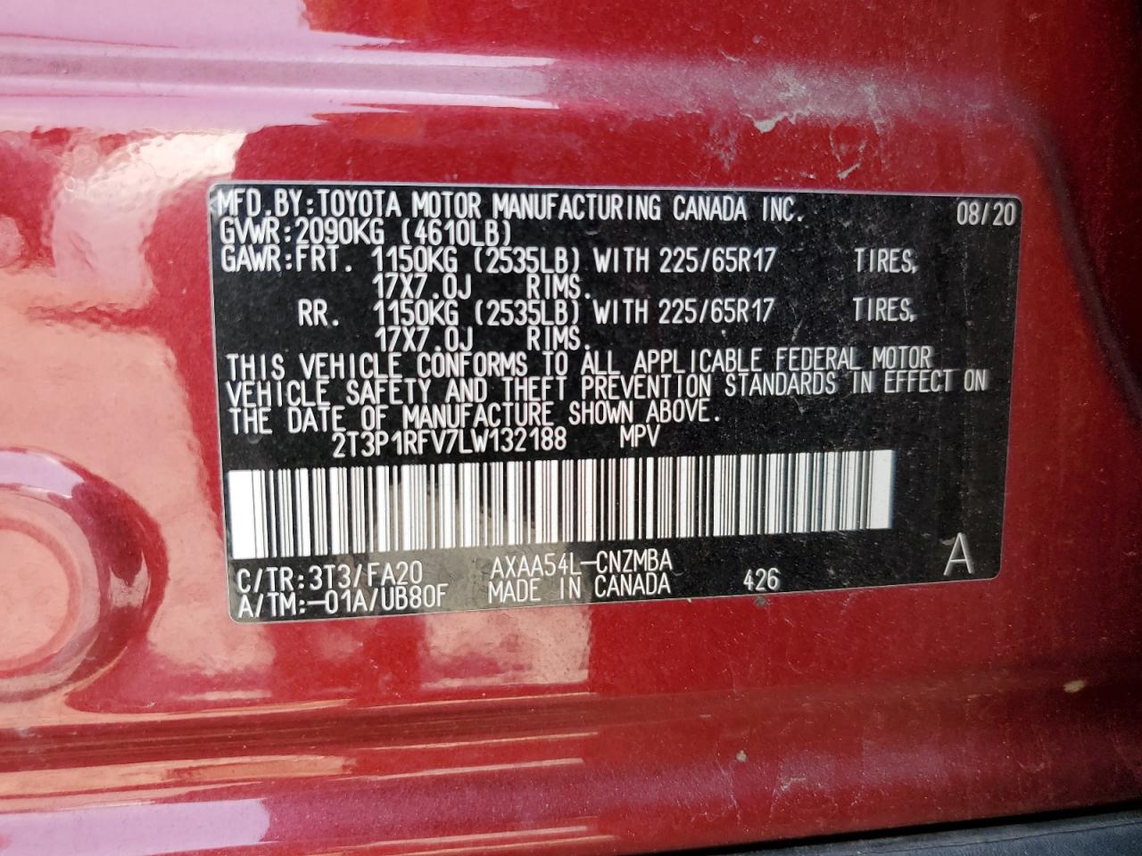 2T3P1RFV7LW132188 2020 Toyota Rav4 Xle