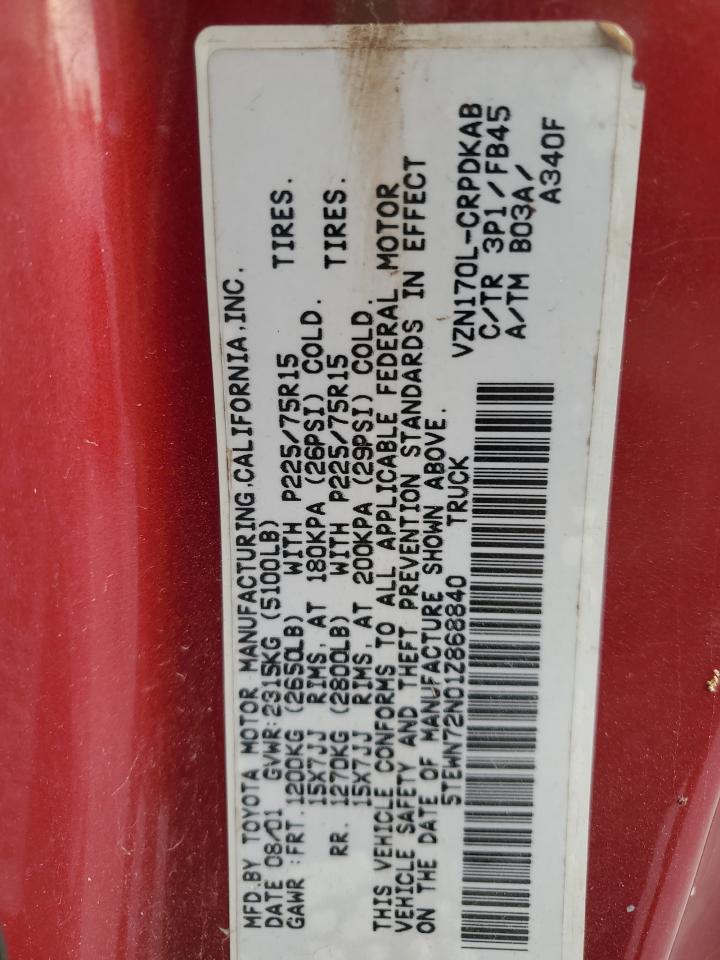 2001 Toyota Tacoma Xtracab VIN: 5TEWN72N01Z868840 Lot: 68190134