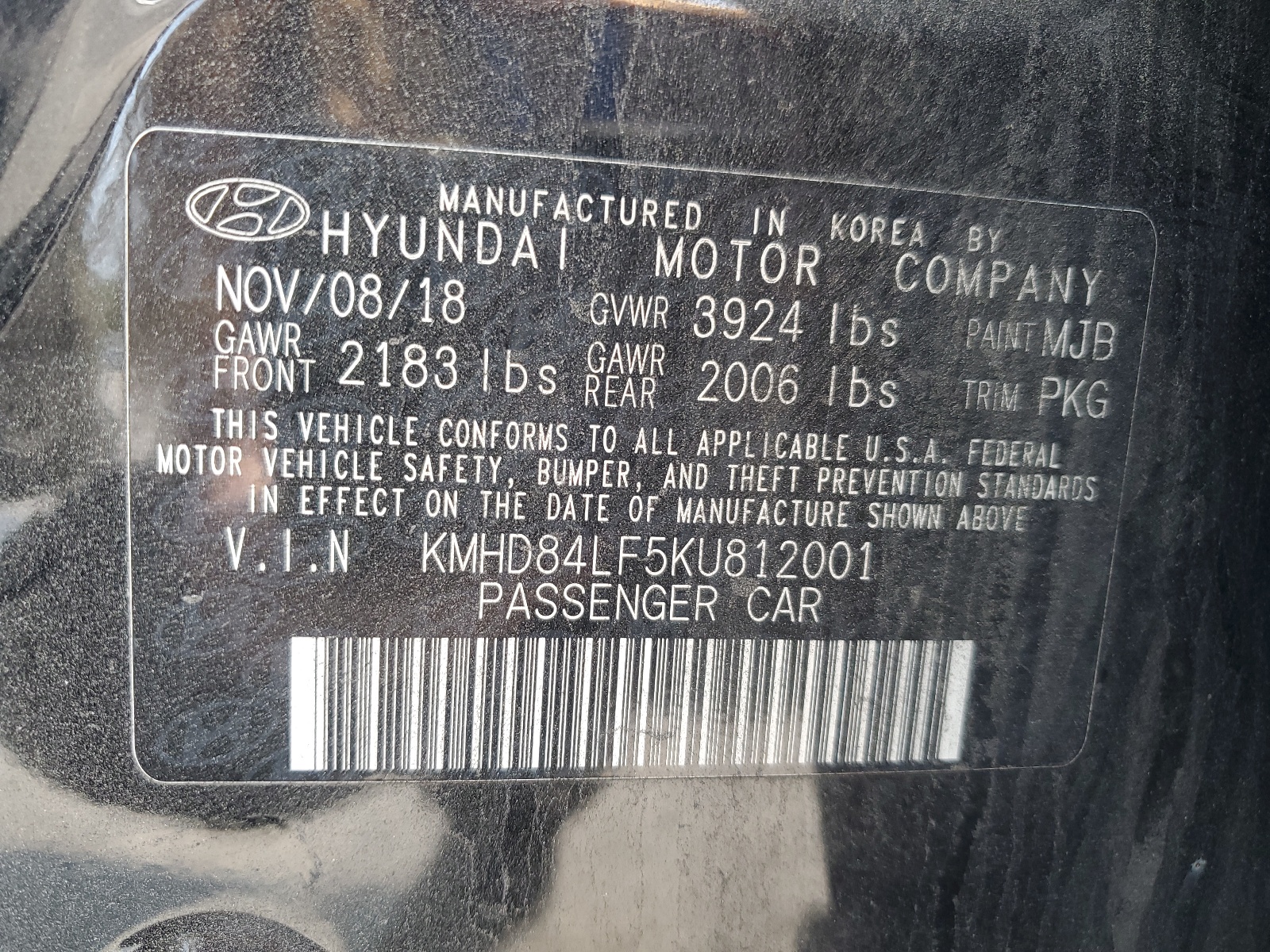 KMHD84LF5KU812001 2019 Hyundai Elantra Sel