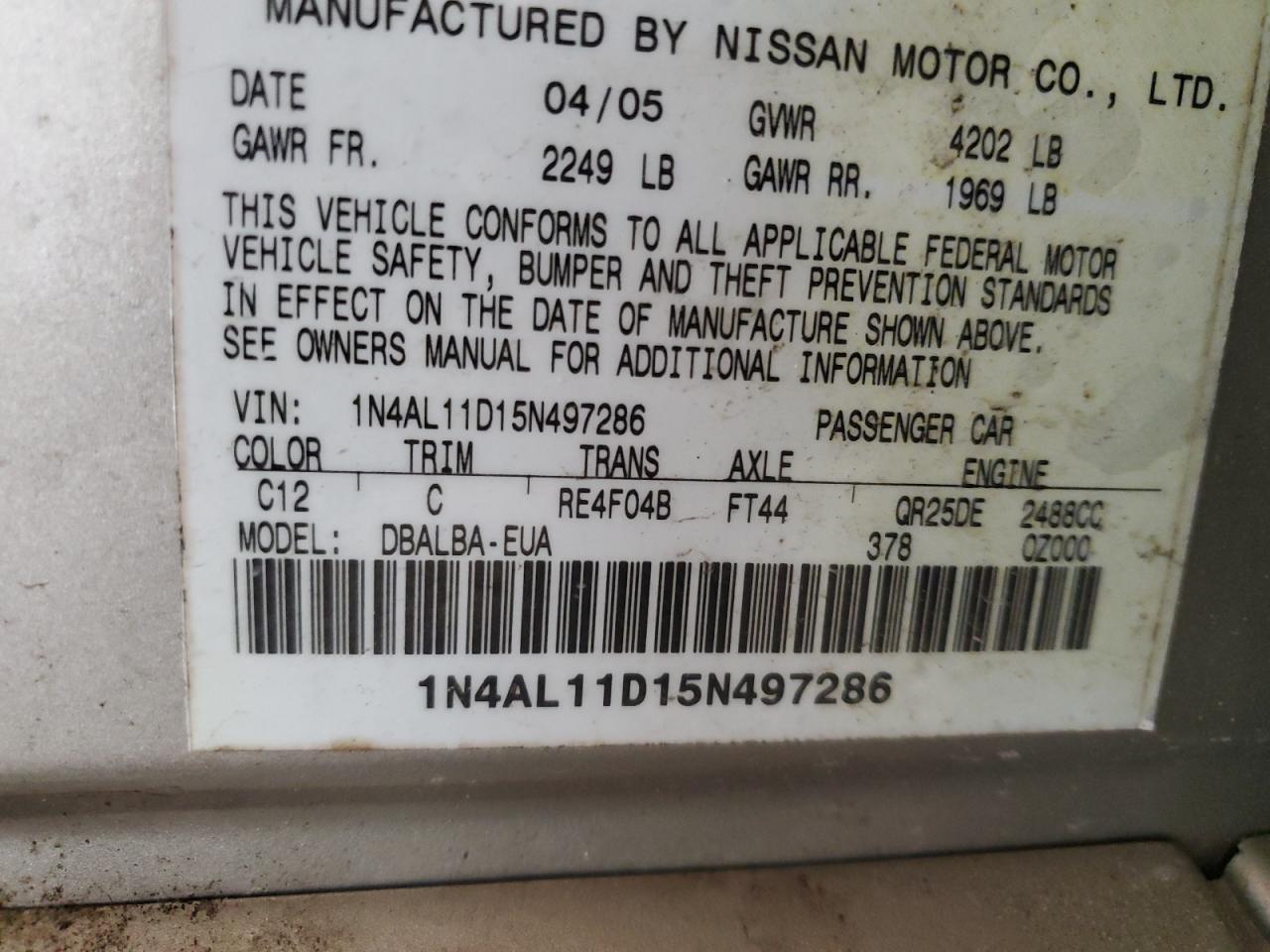 1N4AL11D15N497286 2005 Nissan Altima S