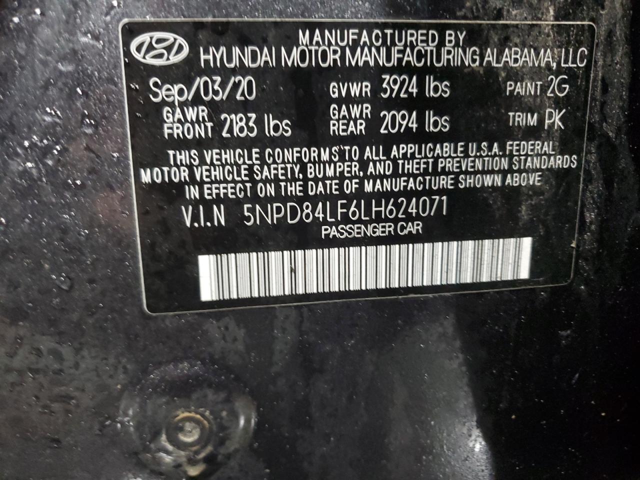 2020 Hyundai Elantra Sel VIN: 5NPD84LF6LH624071 Lot: 65636144