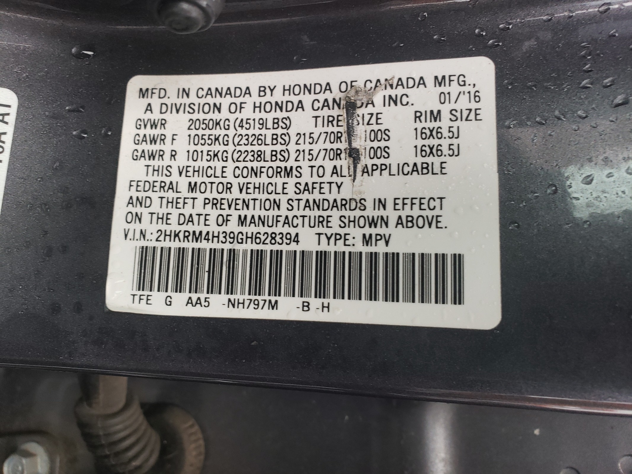 2HKRM4H39GH628394 2016 Honda Cr-V Lx