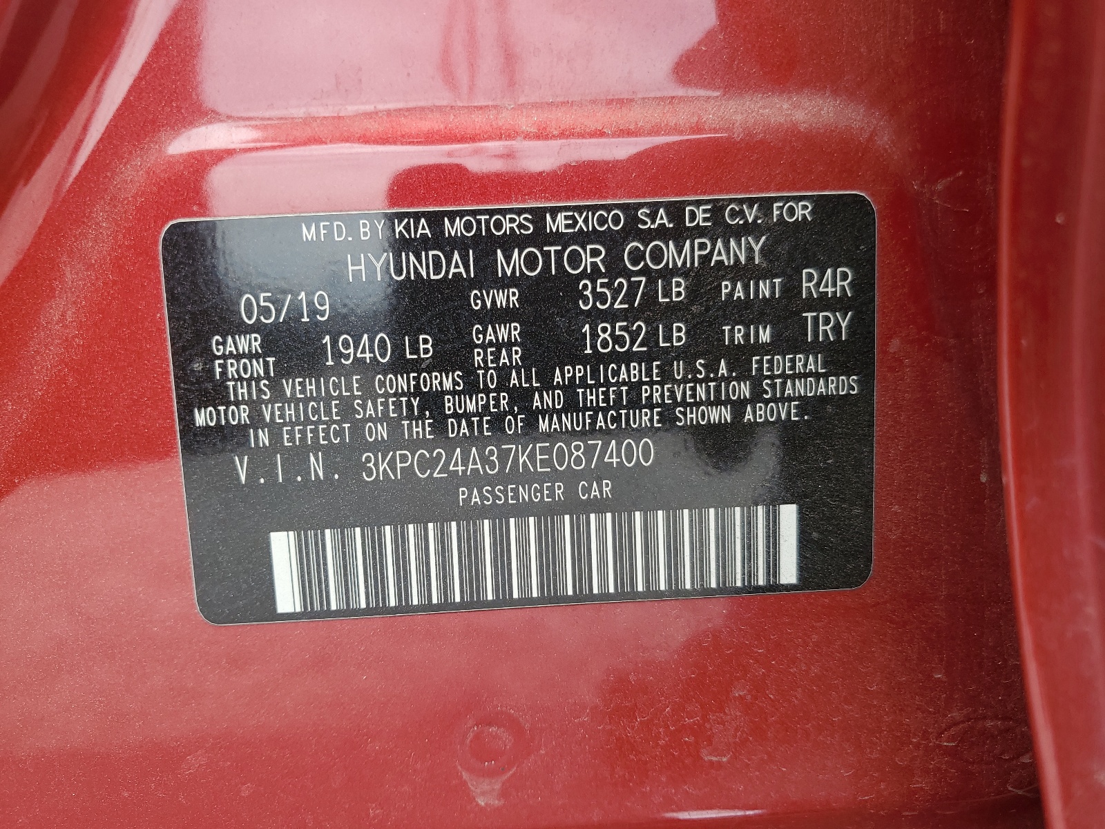 3KPC24A37KE087400 2019 Hyundai Accent Se