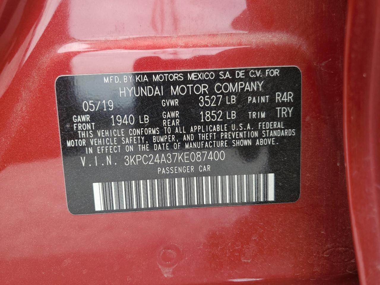 2019 Hyundai Accent Se VIN: 3KPC24A37KE087400 Lot: 65577014