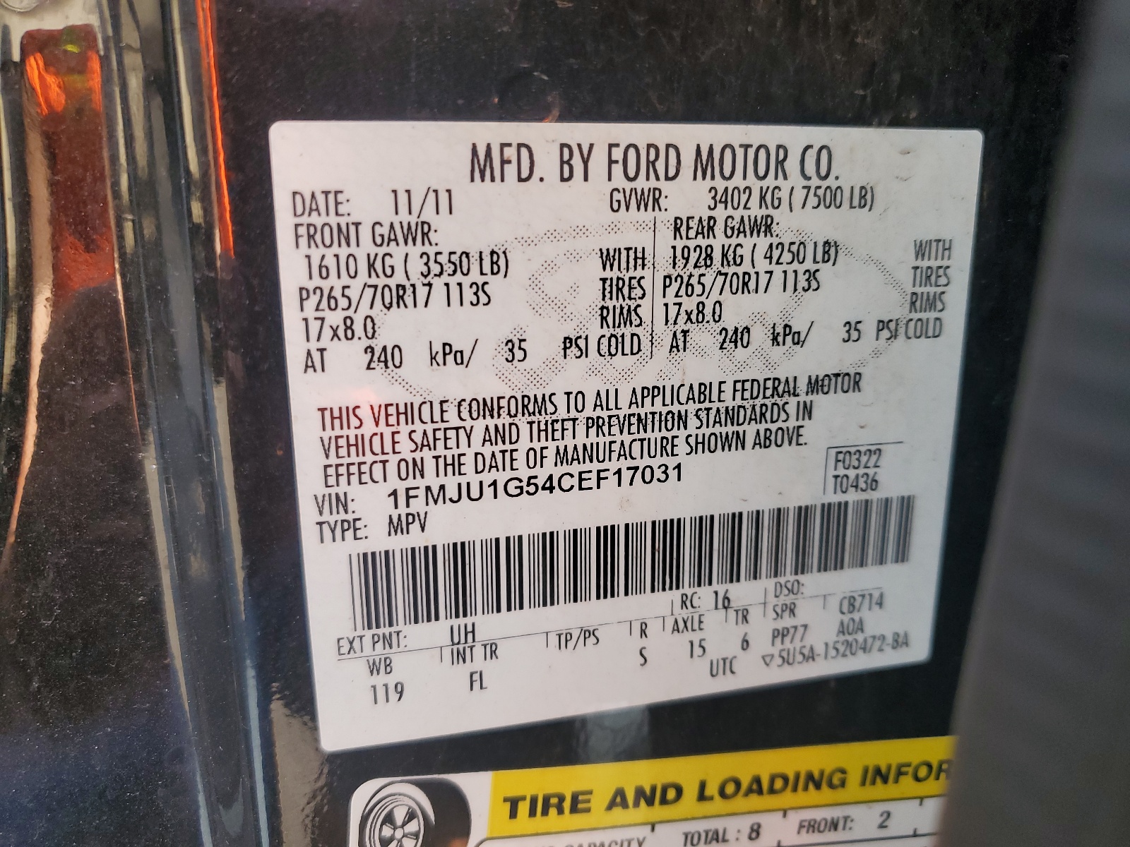 1FMJU1G54CEF17031 2012 Ford Expedition Xl