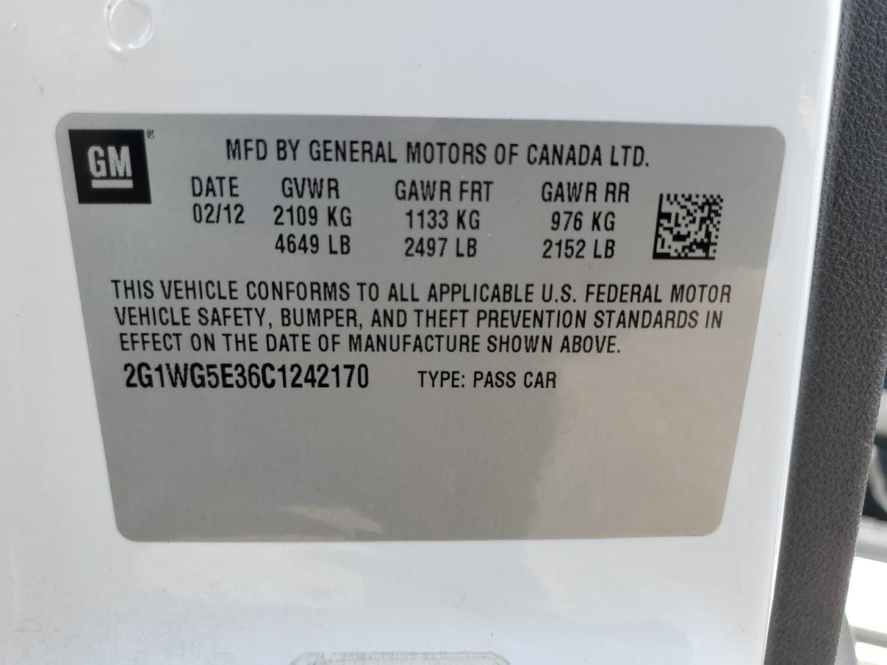 2012 Chevrolet Impala Lt VIN: 2G1WG5E36C1242170 Lot: 66768464