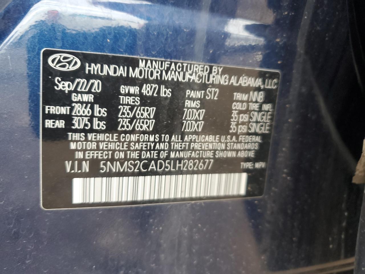 5NMS2CAD5LH282677 2020 Hyundai Santa Fe Se