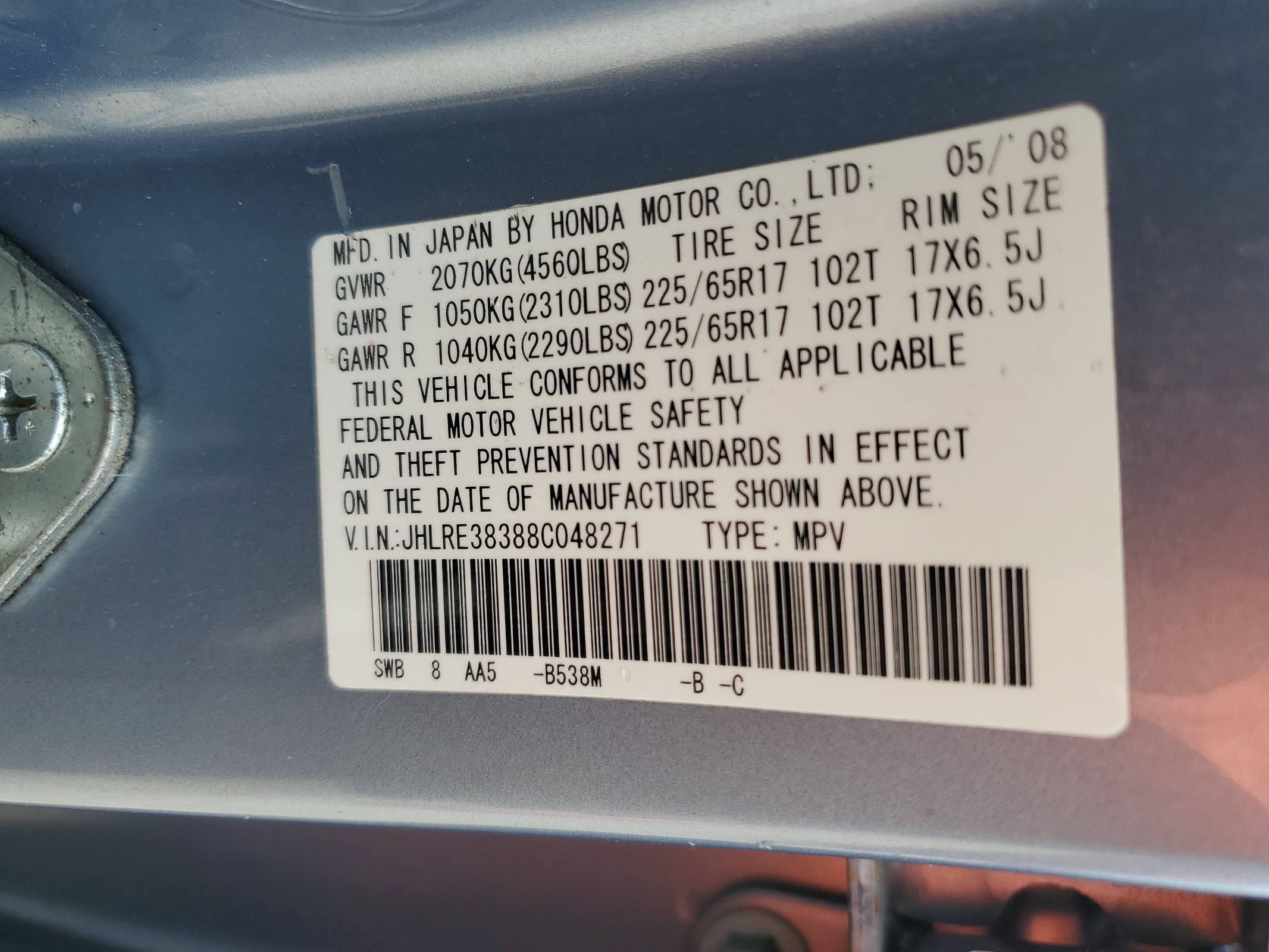 JHLRE38388C048271 2008 Honda Cr-V Lx