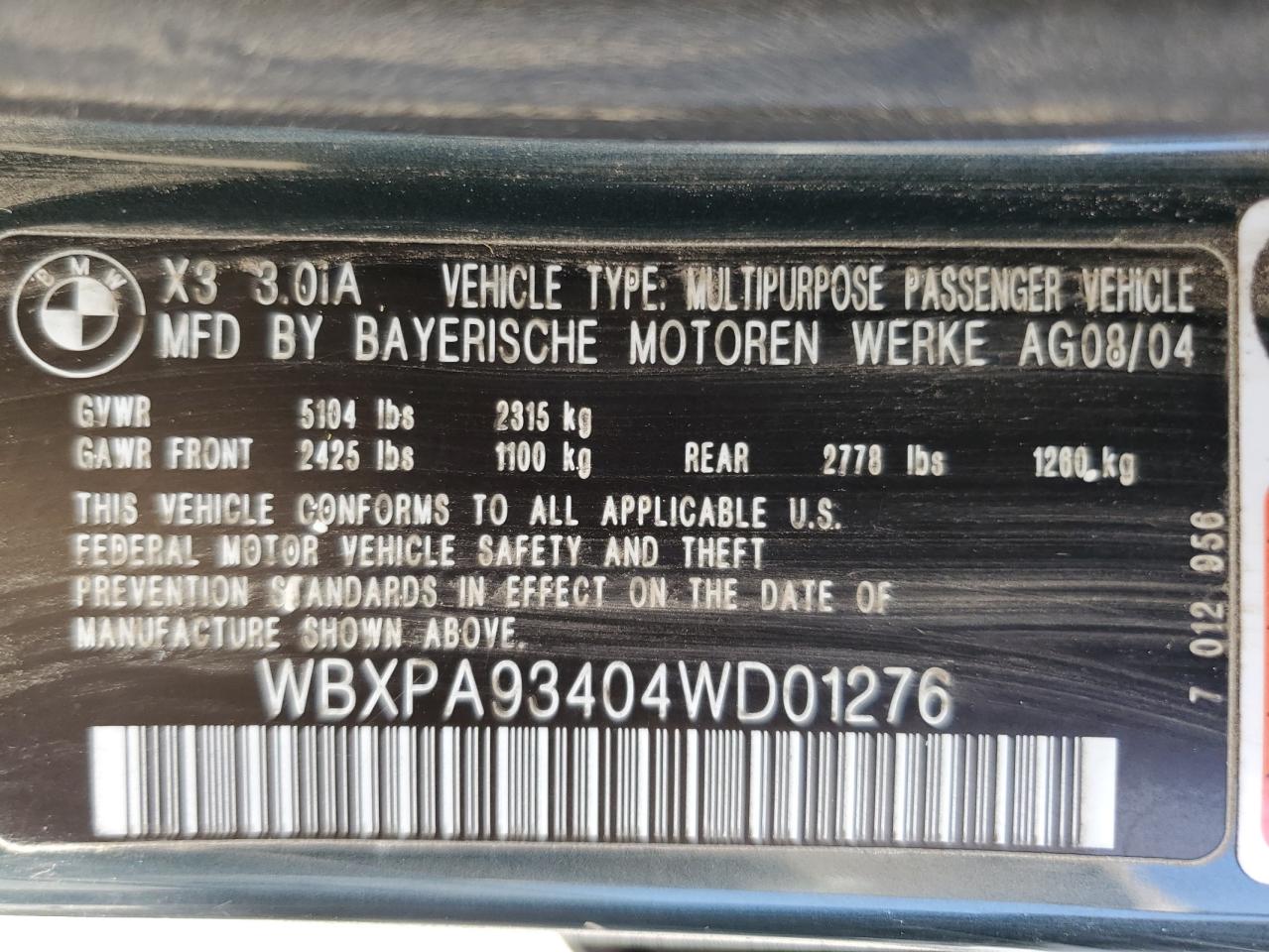 WBXPA93404WD01276 2004 BMW X3 3.0I