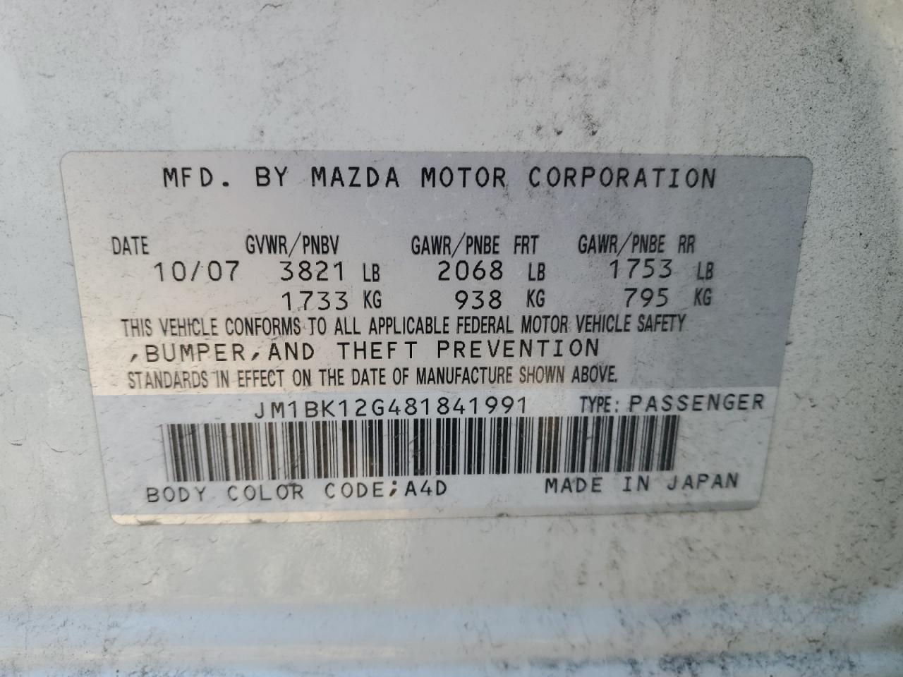 2008 Mazda 3 I VIN: JM1BK12G481841991 Lot: 66915284