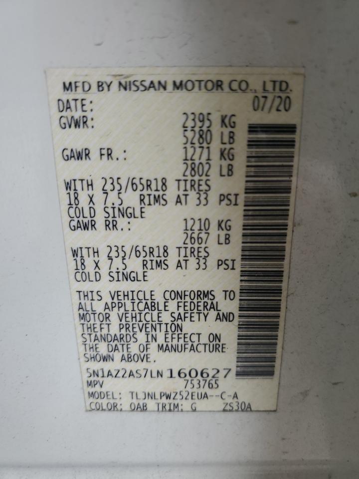 2020 Nissan Murano S VIN: 5N1AZ2AS7LN160627 Lot: 65597904