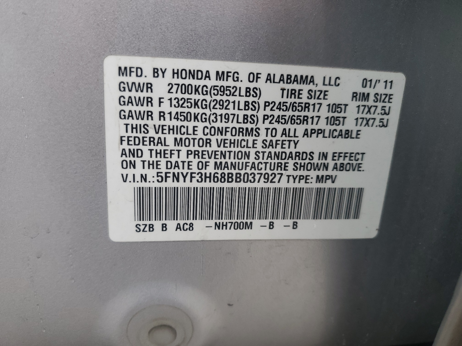 5FNYF3H68BB037927 2011 Honda Pilot Exl