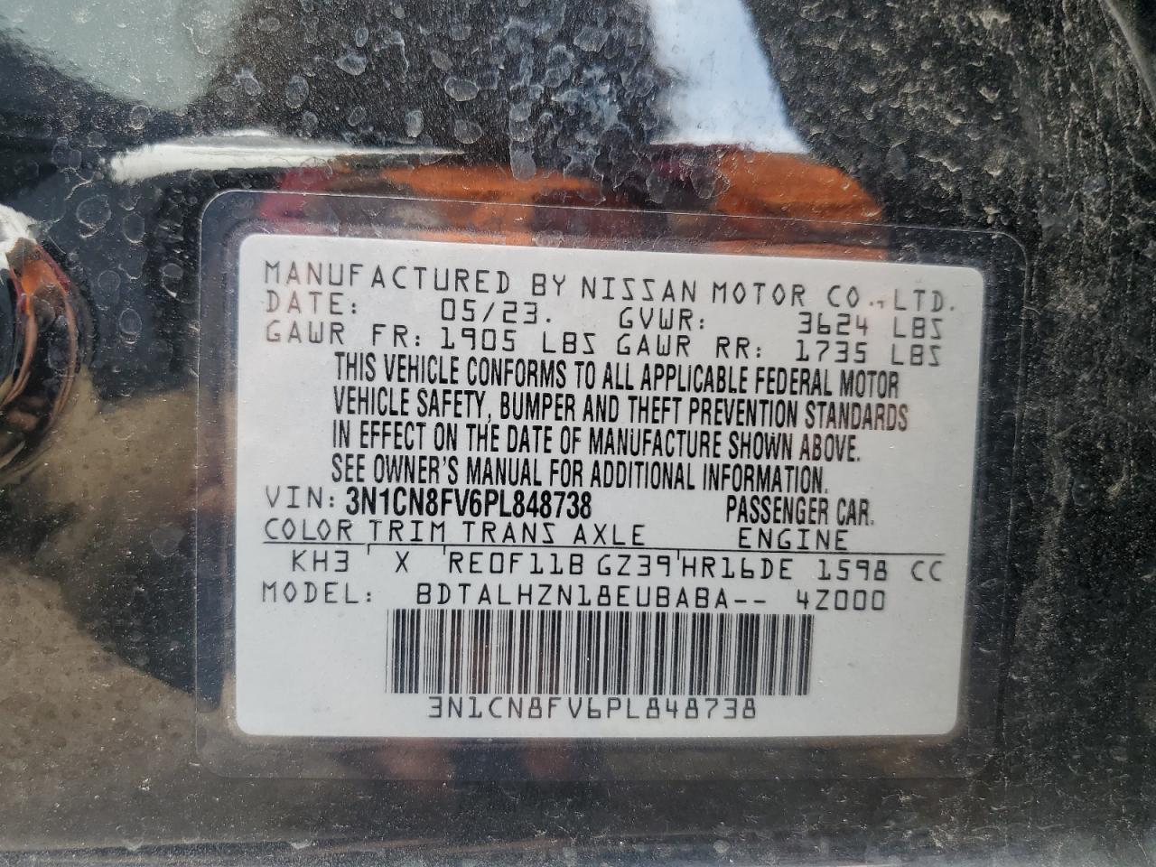 2023 Nissan Versa Sr VIN: 3N1CN8FV6PL848738 Lot: 65488974