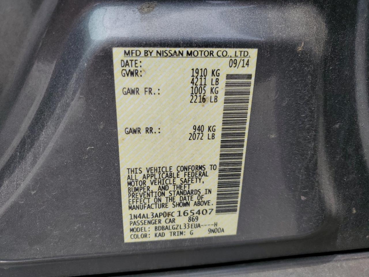 1N4AL3AP0FC165407 2015 Nissan Altima 2.5