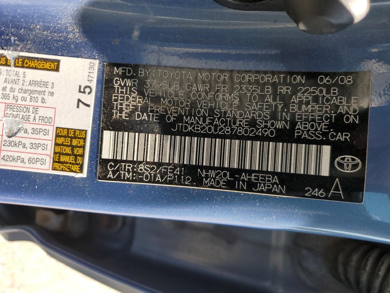 2008 Toyota Prius VIN: JTDKB20U287802490 Lot: 68549194