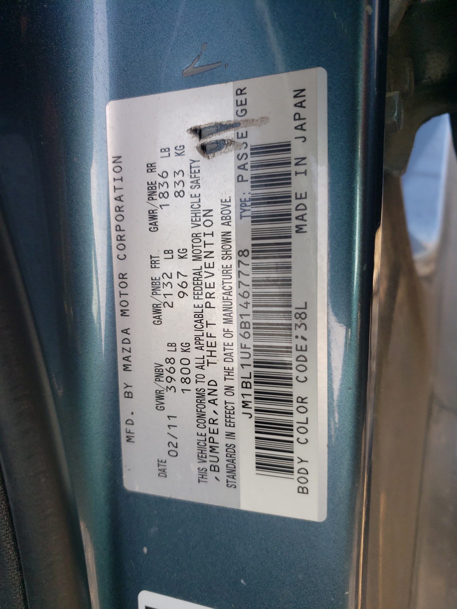 JM1BL1UF6B1467778 2011 Mazda 3 I