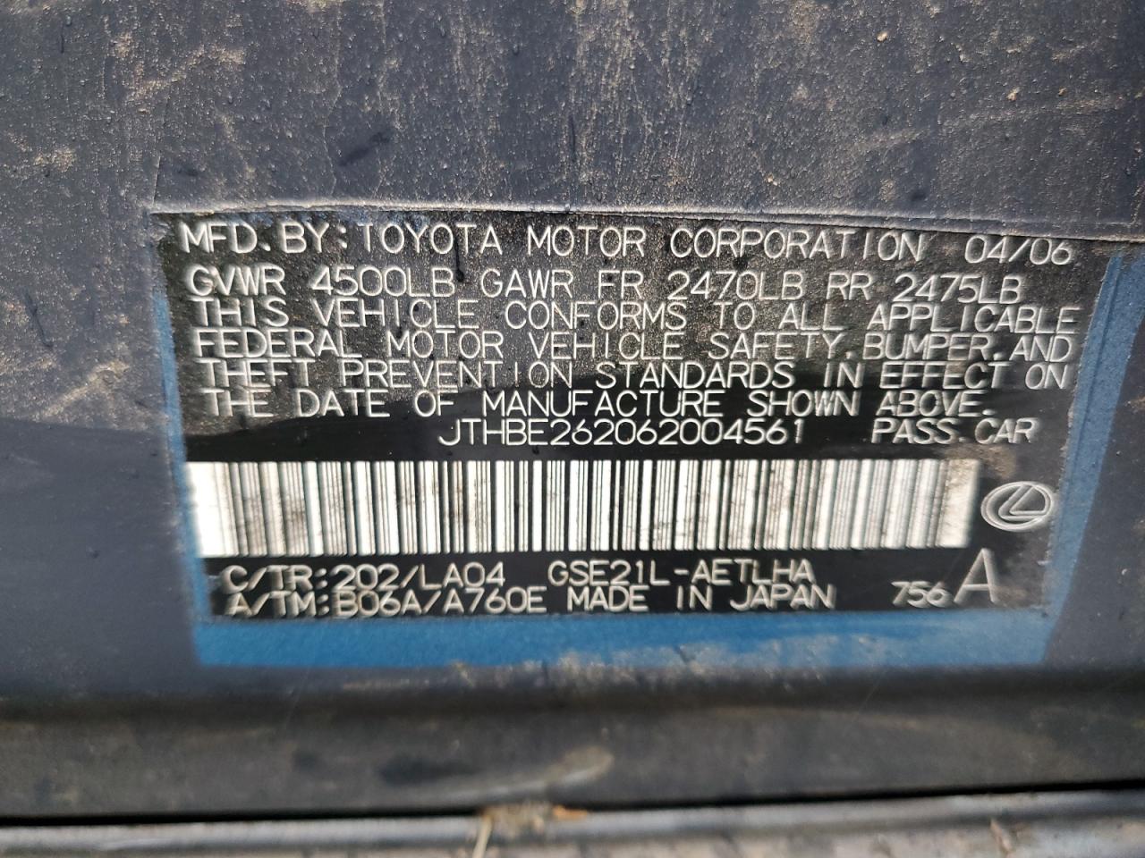 2006 Lexus Is 350 VIN: JTHBE262062004561 Lot: 66841204