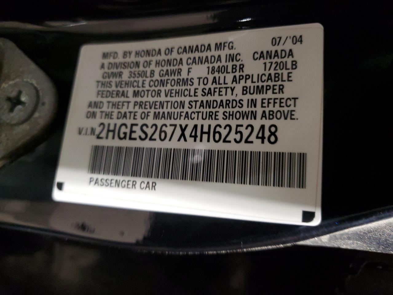 2004 Honda Civic Ex VIN: 2HGES267X4H625248 Lot: 67108784