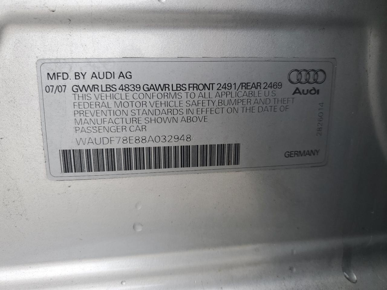 2008 Audi A4 2.0T Quattro VIN: WAUDF78E88A032948 Lot: 66576364