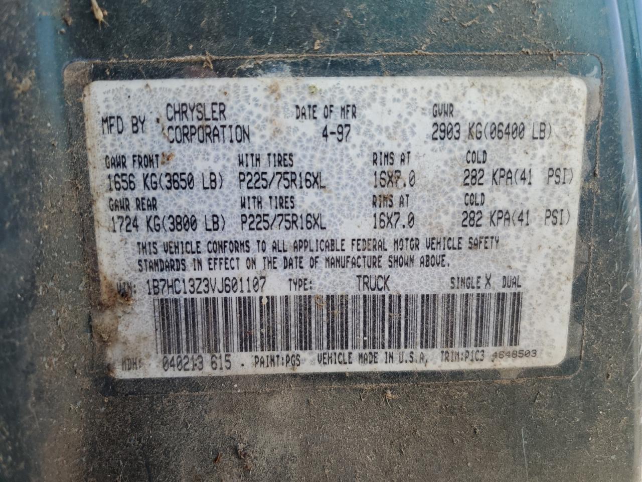 1997 Dodge Ram 1500 VIN: 1B7HC13Z3VJ601107 Lot: 66695034