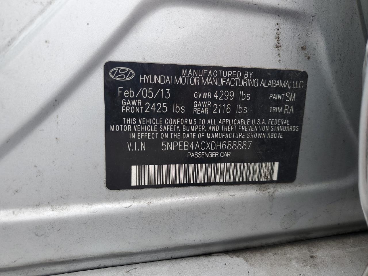 5NPEB4ACXDH688887 2013 Hyundai Sonata Gls